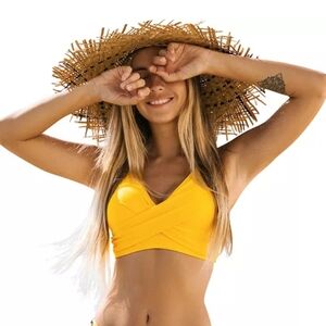 NWT Cupshe Lemon Yellow Wrap Bikini Top Women's Size Medium Lace Up Back Plunge